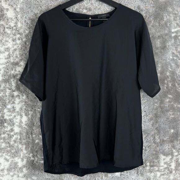 J Crew Womens Sz M Semi Sheer Round Neck Top Black Short Sleeve Zip Casual Shirt - Picture 1 of 10